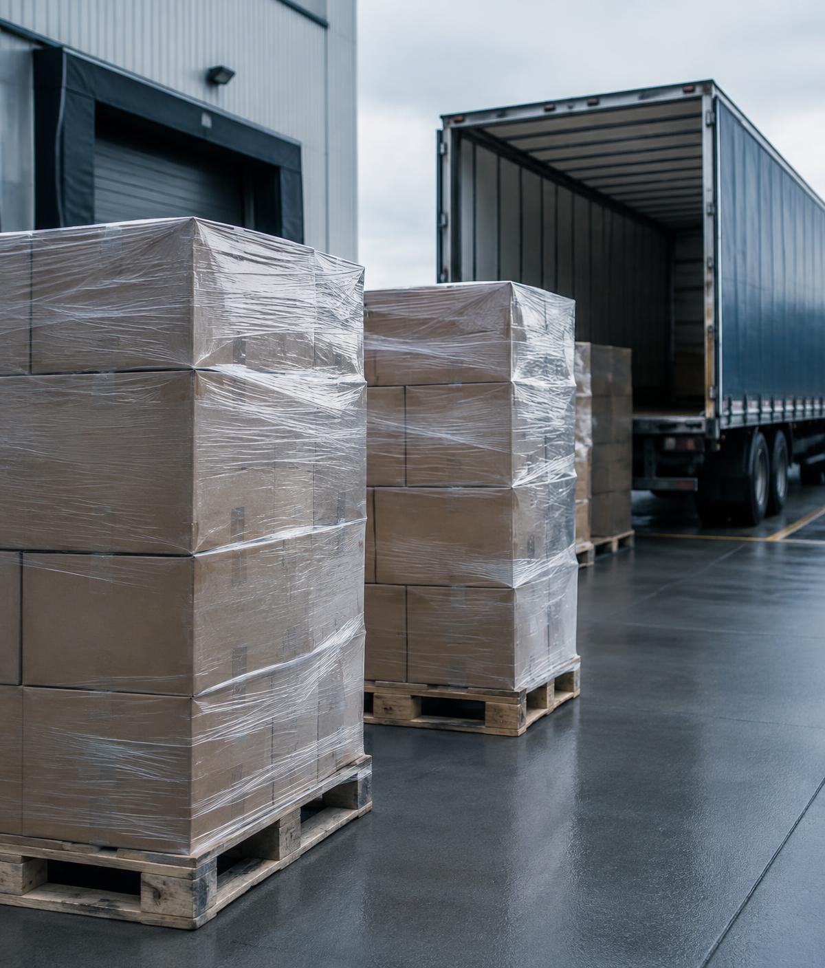 Palletized cases ready for loading at a distribution dock