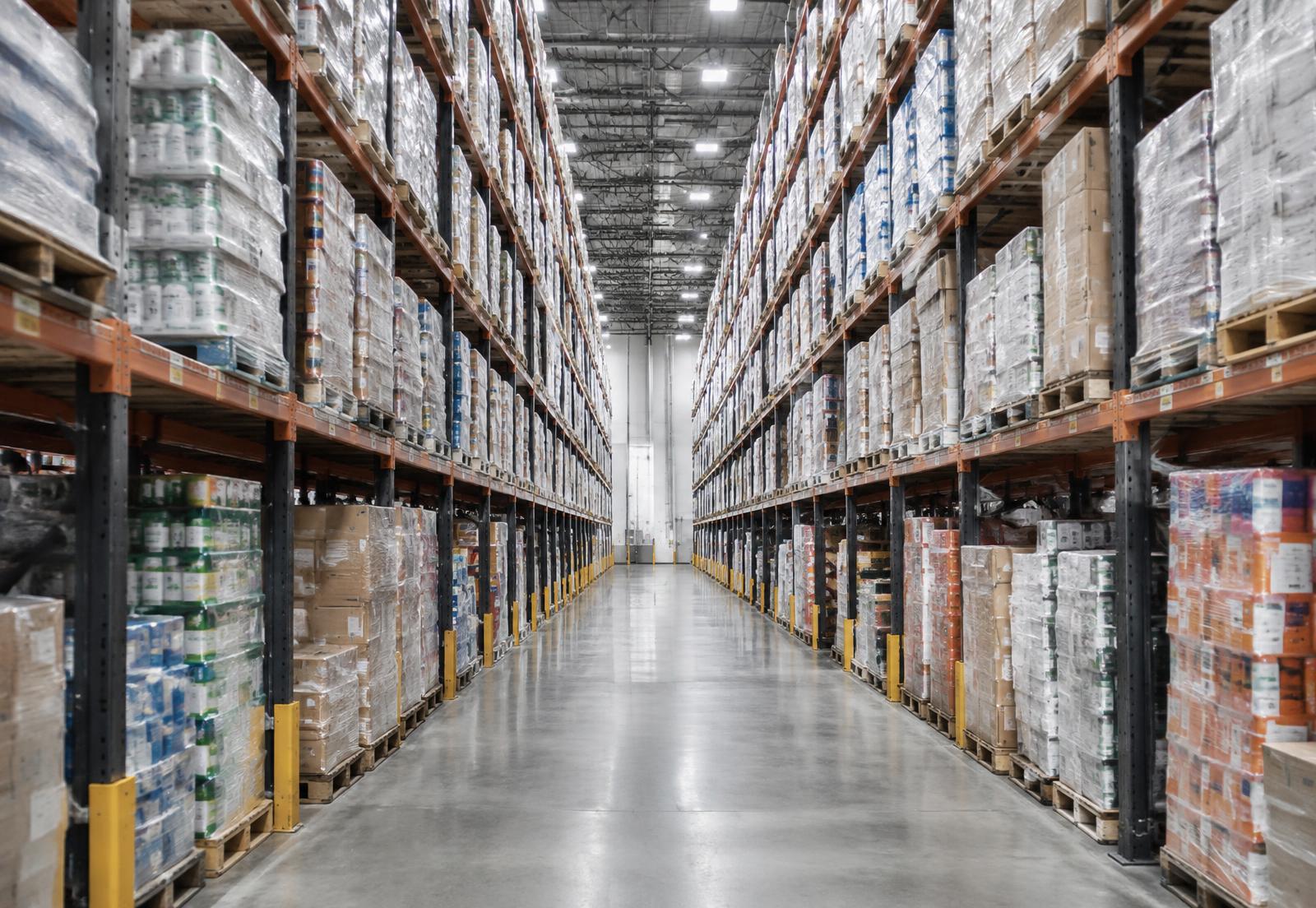 Wholesale distribution warehouse with palletized consumer goods